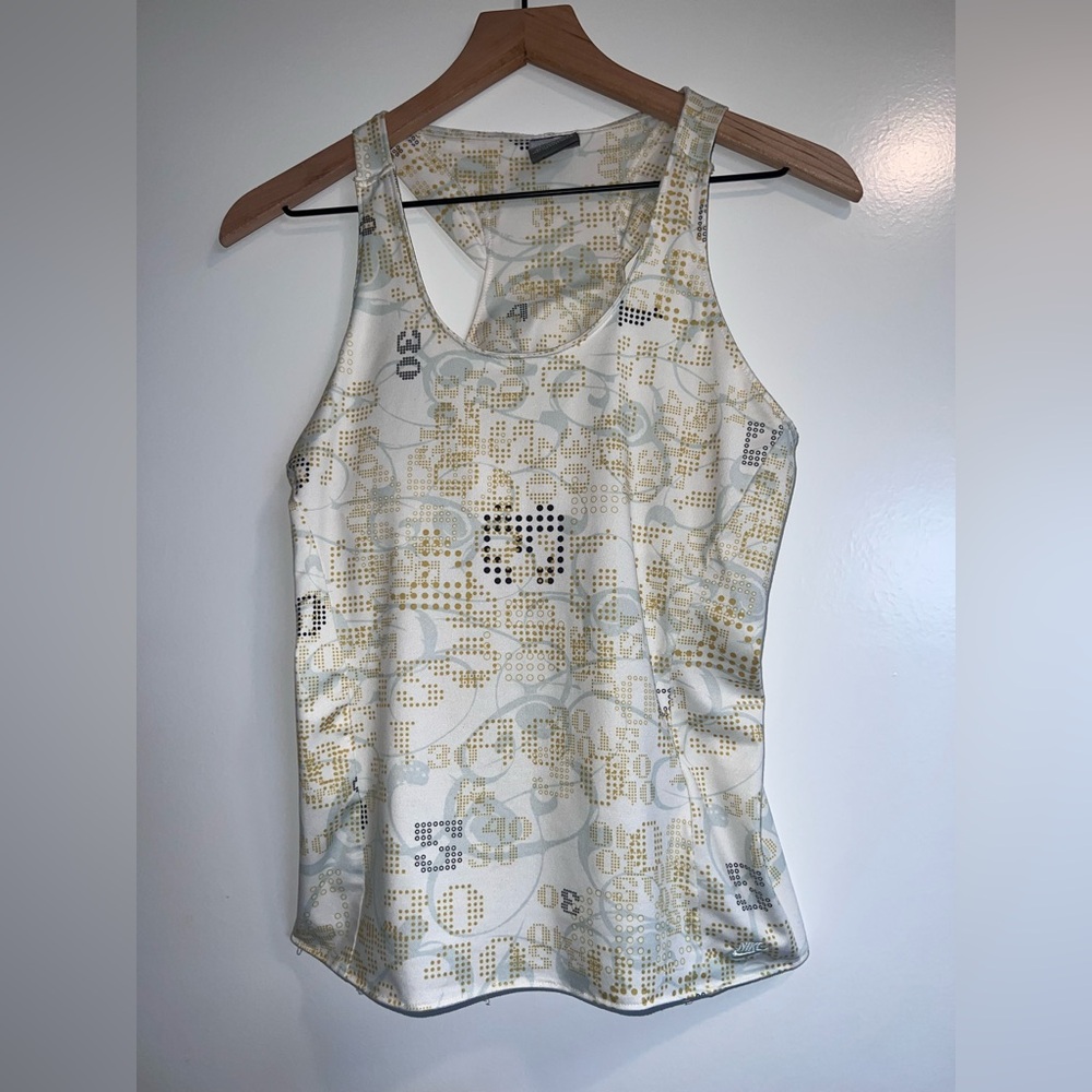 NIKE tennis racer back tank, built in bra, gold light blue on white. Size medium